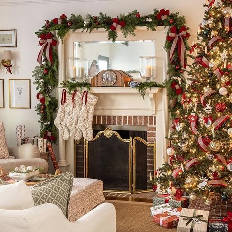 classic holiday decor + traditional christmas decor + red and green accents + garland accents + christmas tree + knit stockings + red ribbon + christmas bells + christmas ornaments + holiday decor | Scout & Nimble Christmas Interior Design, Bells Christmas, Traditional Christmas Decorations, Christmas Tours, Ribbon Christmas, Christmas Interiors, Knit Stockings, Christmas Decorations Living Room, Christmas Living Rooms