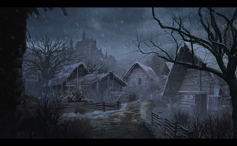 ArtStation - village, KoBOng Creepy Locations, Village Rpg, Dark Village, Night Village, Haunted Village, Creepy Village, Abandoned Village Fantasy Art, Poor Fantasy Village, Dark Fantasy Village