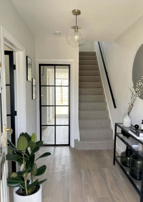 Small Hallway Inspiration, Small Home Entrance Decor, Small Hallway Ideas Entrance Halls, Small Entrance Hall Ideas, Black Panelling, Small Entrance Halls, Modern Hallway Design, House Hallway, White Paint Color