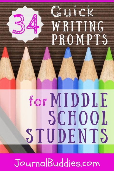 Check out this list - writing prompts for middle school students is designed to help kids who are feeling stuck move past their writer’s blocks. Use one of these 34 quick writing prompts anytime your students say that they don’t know what to write about—or when they simply need a little bit of extra creativity! via @journalbuddies Writing Prompts For Middle School, Middle School Writing Prompts, Writing Prompts Poetry, Journal Prompts For Kids, Kindergarten Writing Prompts, Writing Prompts Romance, Writing Prompts Funny, Quick Writes, Homeschool Writing