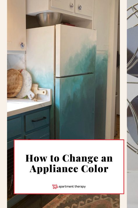 Appliance Covers Diy, Refrigerator Painting Ideas, Appliance Makeover, Apt Kitchen, Painting Appliances, Fridge Makeover, White Microwave, White Fridges, Black Appliances