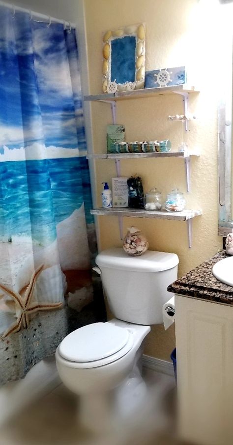 Ocean Restroom Decor, Guest Bathroom Beach Theme, Bathroom Ideas Ocean Theme, Bathroom Ideas Sea Theme, Bathroom Sea Theme, Sea Theme Bathroom Diy Decorating Ideas, Small Bathroom Ideas Ocean Theme, Sea Bathroom Ideas, Diy Sea Bathroom Decor