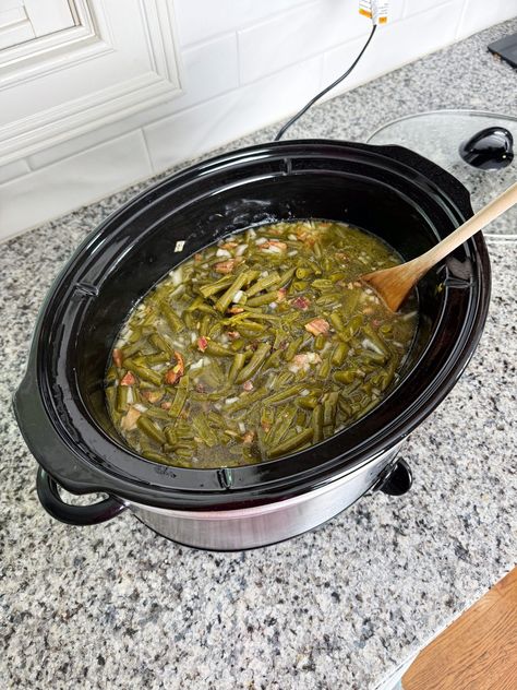 Ridiculously Easy Slow Cooker Canned Green Beans - Fueling a Southern Soul Slow Cooker Southern Green Beans, Canned Green Beans Crockpot, Crockpot Green Beans And Sausage, Canned Green Beans Crockpot Recipes, Green Beans Potatoes And Ham Crock Pots, Can Green Beans In Crockpot, Crock Pot Canned Green Beans, Crockpot Butter Beans Slow Cooker, Canned Green Bean Recipes Crock Pots