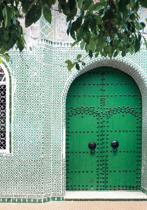 Studded green door in Chefchaouen, Morocco Green Doors, Chefchaouen Morocco, The Door, Wooden Front Door Design, Black Interior Doors, Porte Cochere, Wooden Front Doors, Gorgeous Doors, Green Door