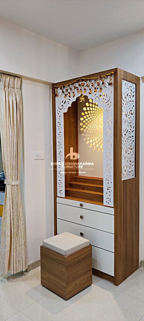 40+ Wooden Cupboard Design Bedroom & Kitchen Storage Solutuion Pujaghar Design, Puja Tall Unit Design, Temple In Bedroom Ideas, Pooja Wardrobe Design, Mandir For Living Room, Pooja Room Wardrobe Design, Wardrobe With Mandir Design, Devhara In Living Room, Temple Home Puja Room