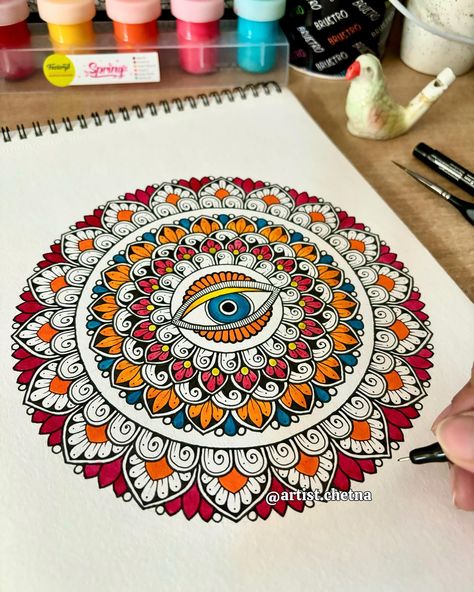 Evil Eye Mandala, Eye Mandala, Mandala Drawings, Fineliner Pens, Drawing Paper, Madhubani Painting, Mandala Design Art, Mandala Drawing, Mandala Design