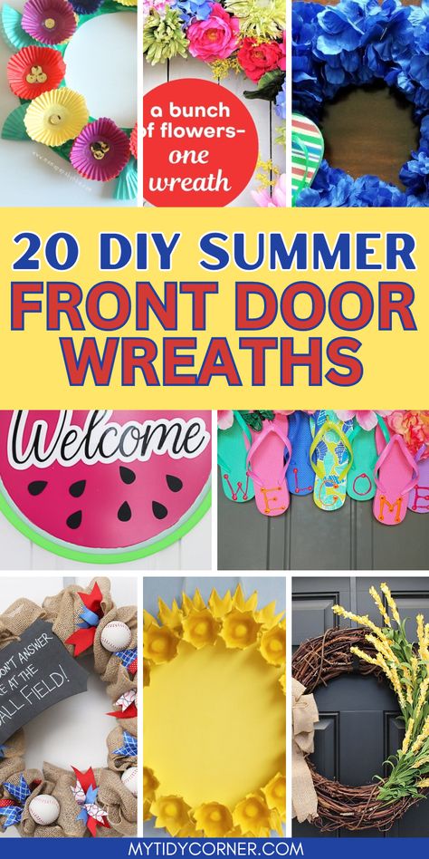 DIY Front Door Wreaths for Summer Summer Door Wreaths Diy, Diy Summer Wreaths, Diy Summer Wreaths For Front Door, Summer Wreaths For Front Door Diy Dollar Stores, Diy Front Door Wreath, Summer Wreath Ideas Diy, Diy Summer Wreath, Diy Door Wreaths, Summer Wreath Ideas