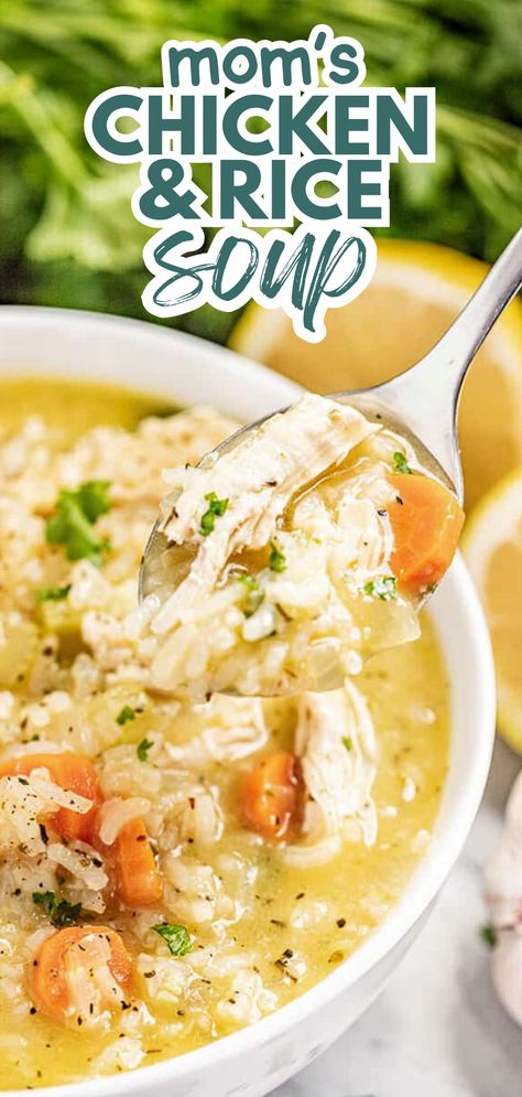 A close up view of a spoon scooping out a bite of chicken and rice soup from a white bowl. Ginger And Lemon, Hearty Soup Recipes, Simple Soup, Easy Chicken And Rice, Rice Soup Recipes, Favorite Soups, Chicken Rice Soup, Delicious Soup Recipes, Cooking 101