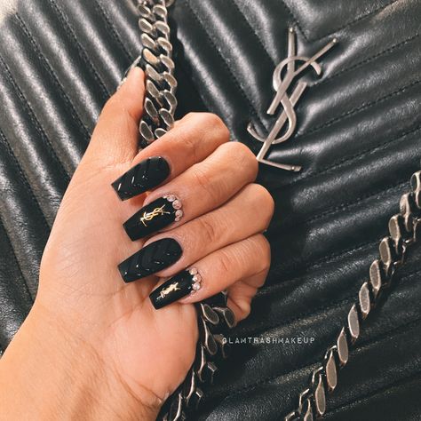 Matte and gloss chevron detail ysl coffin shaped acrylic nails Luxury Brand Nails Design, Luis Viton Nails, Ysl Nails Design, Ysl Nails, Saint Laurent Nails, Coffin Shaped Acrylic Nails, Summa Nails, Colourful Acrylic Nails, Yellow Nails Design