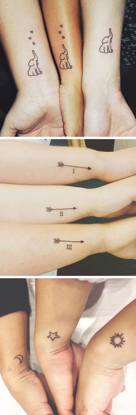 Minimalistic Matching Tattoo Ideas for 3 Sisters, Bestfriends, Siblings - Small Wrist Ideas Para Perforar Orejas Elephant Arrow Roman Numerals Sun and Moon - www.MyBodiArt.com Small Tattoos For 3 Sisters, Sister Tattoos For 3 Small Simple, Tattoo Ideas For Four People, 3 People Tattoo Ideas Matching, Tattoo Ideas For Siblings Of 3, Tattoos For Three People, Matching Tattoos For 3 Sisters, Tattoo Ideas For 3 Sisters, Sibling Tattoos For 3 Meaningful