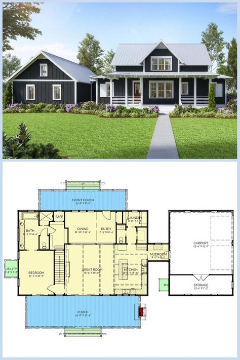 Discover the charm of this 2-story 4-bedroom farmhouse with rustic wood beams! Explore the floor plan and get inspired for your dream home. Concept Farmhouse, Rustic Wood Beams, 2000 Sq Ft House, House Plans 2 Story, Dream Farmhouse, Farmhouse Floor Plans, 4 Bedroom House Plans, Bedroom Farmhouse, Rustic Home Design