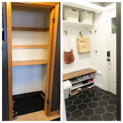 Entry Closet Conversion, Turn Coat Closet Into Mudroom, Turning A Closet Into A Mudroom, Entry Closet Remodel, Closet To Mudroom Convert Diy, Open Entry Closet, Small Closet To Mudroom Convert, Entry Closet Organization Ideas, Small Coat Closet Makeover