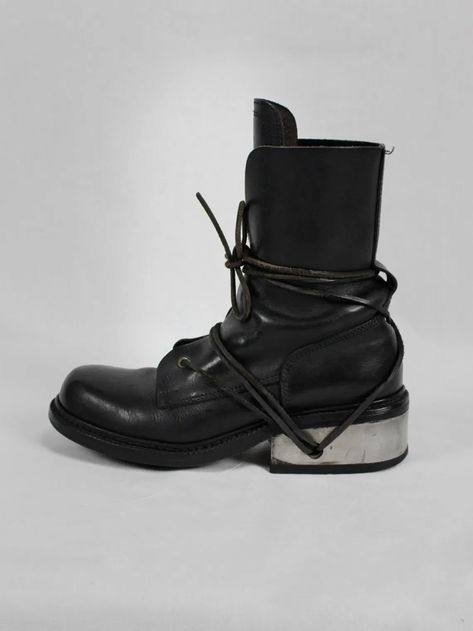 Dirk Bikkembergs black tall boots with laces through the metal heel (39) — late 90's | V A N II T A S Alternative Lace-up Moto Boots For Streetwear, Lace-up Boots With Metal Feet For Streetwear, Leather Lace-up Boots With Steel Toe For Streetwear, Black Lace-up Techwear Boots, Black Tall Boots, Dirk Bikkembergs Boots, Boots With Laces, Black Wedge Boots, Dirk Bikkembergs