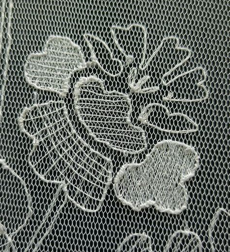 needlepoint lace flower on tulle Embroidery On Net Fabric, Limerick Lace, Embroidery On Net, Embroidery On Tulle, Needlepoint Embroidery, Mesh Embroidery, Tulle Embroidery, Wool Embroidery, Couture Embroidery