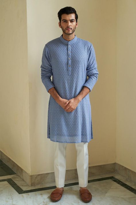 Buy Contrast By Parth Blue Chikankari Embroidered Kurta Set Online | Aza Fashions Sky Blue Kurta Men, Sky Blue Chikankari Kurta, Blue Chikankari Kurta, Chikankari Kurta Set, Chikankari Kurta, Blue Kurta, Kurta Set For Men, Kurta Men, Mens Kurta Designs