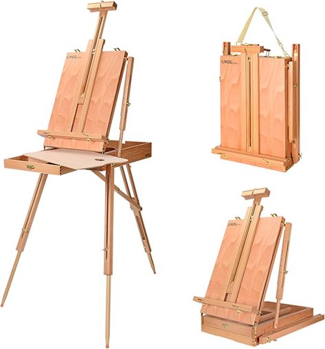 LIVINGbasics wooden french easel can be used as not only fullly adjustable field easel but also as storage unit. This easel is made of real beech wood and finished with brass plated steel hardware. Includes a portable french easel with an adjustable shoulder strap that contains a sliding drawer with 4 compartments, a removable wooden palette. The 12 inch drawer can hold essential art supplies such as acrylic tubes, brushes, pencils and erasers--all within reach. Wooden Easel Stand, Colored Pencil Holder, Kids Art Easel, Drawing Stand, Artist Desk, Sketch Box, Holland House, Table Easel, Easel Painting