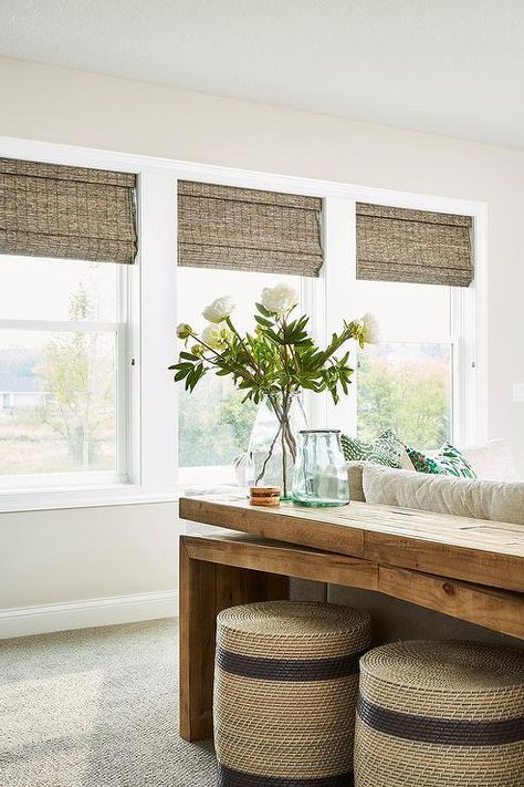 Roman Shades Living Room, Bamboo Roman Shades, Wood Sofa Table, Best Leather Sofa, Woven Wood Shades, Transitional Living Rooms, Wood Sofa, Window Design, Sofa Table