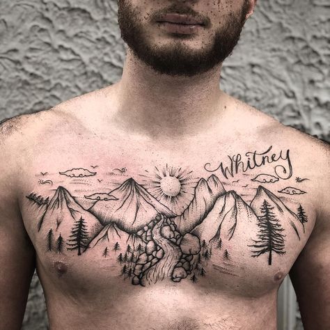 53 Ultimate Amazing Mountain Tattoo Design Ideas for 2019; mountain tattoo meaning; mountain tattoos simple; mountain tattoos small; mountain tattoos shoulder; mountain tattoos on arm  #mountain #mountaintattoo #mountaintattoos #tattoos #tattoodesigns #inkedbabes #tattooedwomen #sleevetattoos #bodyart #inked #tattooidea Mountain Chest Tattoo Men, Sista Tattoo, Mountain Warrior, Drew Tattoo, 11 Tattoo, Tattoos Shoulder, Full Chest Tattoos, Mountain Tattoos, Mountain Tattoo Simple