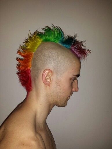 Rainbow mohawk male Directions Hair Dye Poppy Red, Lavender, Yellow, Tangerine Male Hair Dye, Rainbow Mohawk, Directions Hair Dye, Red Lavender, Rainbow Zebra, Hair Color Pink, Poppy Red, Rainbow Hair, Story Inspiration