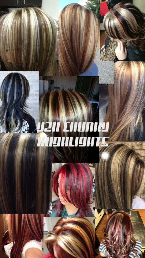 y2k 2000s blonde brown red highlights 2000 Hair Color, Brown Red Highlights, Y2k Chunky Highlights, 2000s Chunky Highlights, 2000 Hair, Y2k Inspo, Chunky Highlights, Brown Y2k, 80s Rock