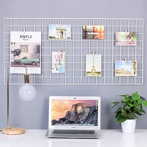 Metal Wall Grid, Postcard Organization, Wooden Shelf Design, Postcard Display, Wall Grid, Photo Hanging, Danish Pastel Room, Grid Panel, Hanging Display