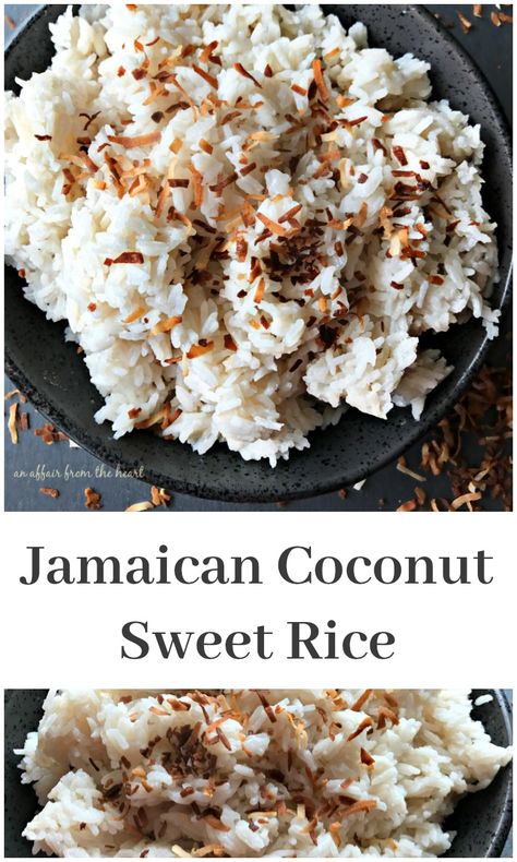 Carribean Coconut Rice, Jamaican Recipes Desserts, Sweet Rice Recipe, Jasmine Rice Recipes, Coconut Rice Recipe, Rice Side Dish Recipes, Jamaican Dishes, Sweet Rice, Rice Side Dishes