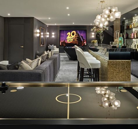 Kim Harvey Interiors Ltd on Instagram: “With bespoke matching air hockey and pool table, luxury acoustic fabric walling with metal pin line detailing and backlit onyx bespoke bar,…” Cinema Bar, Billiards Room Decor, Sala Cinema, Room Cinema, Snooker Room, Home Game Room, Theater Room Design, Acoustic Fabric, Home Bar Rooms