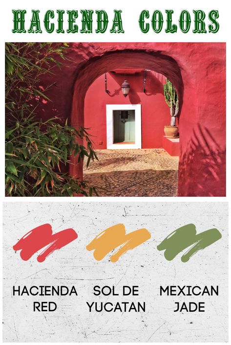 A colour scheme inspired by Mexican haciendas shades #colorscheme #colourpalette #spanishrevivalstyle Mexican Interior Paint Colors, Mexican Exterior Paint Colors, Mexican Colorful Houses, Mexican House Colors Exterior, Mexican Color Palette Spanish Style, Mexican Color Palette Mexico, Mexican Paint Colors, Modern Mexican Color Palette, Mexican Colors Walls