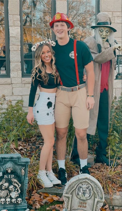 Firefighter Couple Halloween Costume, Dalmatian Firefighter Costume, Firefighter And Dog Costume Couple, Dalmation And Firefighter Costume Couple, Couple Halloween Costumes Firefighter, Firefighter And Fire Couple Costume, Fire And Firefighter Costume, Dalmatian Couple Costume, Dalmation And Fire Fighter Costume