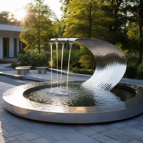 Outdoor stainless steel crescent water fountain sculpture garden water feature DZ-434 Water Body Design, Motel Exterior, Water Fall Design, Front Yard Fountain, Waterscape Design, Fountain Sculpture, Contemporary Water Feature, Large Fountain, Cornwall Garden