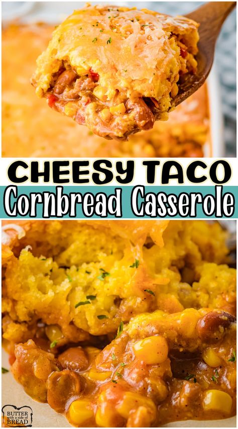 Taco cornbread casserole made with ground beef, taco seasoning, Rotel, corn & cheese, all underneath a layer of soft cornbread! Classic Jiffy Cornbread Taco Bake recipe perfect for busy weeknight dinners! Easy Cheesy Taco Cornbread Casserole, Frito Pie Cornbread Casserole, Recipes For Jiffy Cornbread, Jiffy Cornbread Casserole With Ground Beef, Ground Meat Cornbread Casserole, Bbq Beef Cornbread Casserole, Cornbread Beef Casserole Jiffy, Corn Bread Jiffy Recipes With Cream Corn And Ground Beef, Jiffy Enchilada Casserole