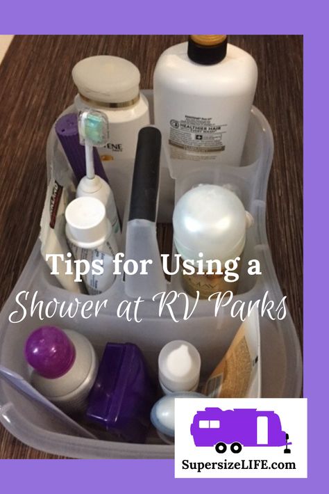 Showering in an RV campground bathhouse takes planning as well as experimentation to see what works best. Here are tips and tricks to get you started. Shower Camping Hacks, Public Shower Hacks, Camping Shower Bag, Camping Shower Caddy, Campground Shower House Ideas, Shower House Campground, Camping Shower Hacks, Campground Bathhouse Ideas, Camping Bathroom Hacks