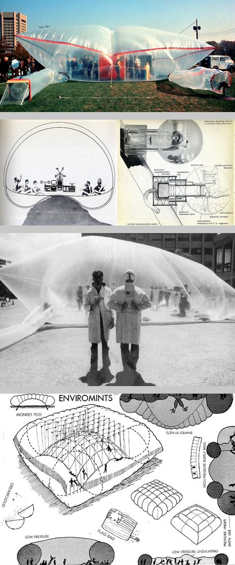 historical bubbletecture, top to bottom: 1960's inflatable by Jersey Devil (source); L: The Environment Bubble, 1965 by Reyner Banham & Francois Dallegret (source) R: Pneumakosm, a pneumatic dwelling unit, 1967 by HAUS-RUCKER-CO (source); Clean Air Pod,1970 by Ant Farm (source); page from Ant Farm's Inflatocookbook Inflated Architecture, Inflatable Architecture, Architecture Innovation, Inflatable Structure, Soft Architecture, Utopia Art, Temporary Architecture, Speculative Design, Ant Farm