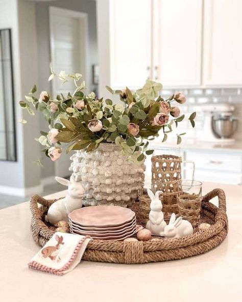 Decorative Tray Styling, Woven Ottoman Tray, Wicker Tray Styling, Woven Baskets Decor, Oval Tray Decor Ideas, Wicker Tray Decor Kitchen, Easter Coffee Table Decor Trays, Spring Island Centerpiece, Kitchen Tray Decor Ideas