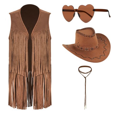 PRICES MAY VARY. Retro Design: This suit is based on the classic hippie style women's fringed vest, using light and modern materials. The collarless cardigan and long fringe design show a sense of fashion, allowing the wearer to stand out in the fashion trend. Western Cowboy Elements: The cowboy hat that combines retro western style is made of polyester felt material, which is strong and can maintain its three-dimensional shape well, adding a unique retro atmosphere to the overall look, showing Rodeo Theme Outfits Black Women, Wild Wild West Theme Party Outfit, Diy Cowgirl Outfit, Cowgirl Outfits Black Women, Western Cowgirl Costume, Trendy Shein Outfits, Cowgirl Vest, Western Cowgirl Outfits, Reunion Outfit