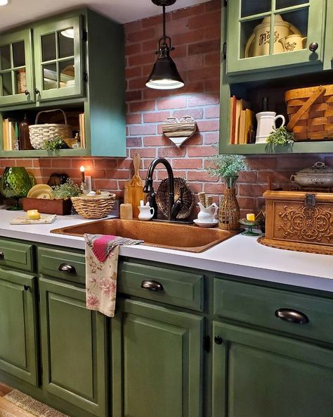 Country Sampler Magazine (@countrysamplermagazine) • Instagram photos and videos Brick Kitchen Backsplash, Sage Kitchen, Brick Backsplash Kitchen, Country Sampler Magazine, Farmhouse Kitchen Inspiration, Sage Green Kitchen, Brick Kitchen, Country Sampler, Green Kitchen Cabinets