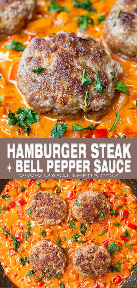 Hamburger Steak with a creamy bell pepper sauce, prepared in one pan within minutes. This makes a great vibrant dinner meal! Make it over the stovetop in one skillet. Low carb and keto-friendly. www.MasalaHerb.com Hamburger Bell Pepper Recipe, Hamburger And Bell Pepper Recipes, Hamburger And Peppers Recipe, Supper Ideas With Hamburger, Bell Pepper Sauce, Baked Hamburgers, Hamburger Meals, Hamburger Steak Recipes, Hamburger Steaks