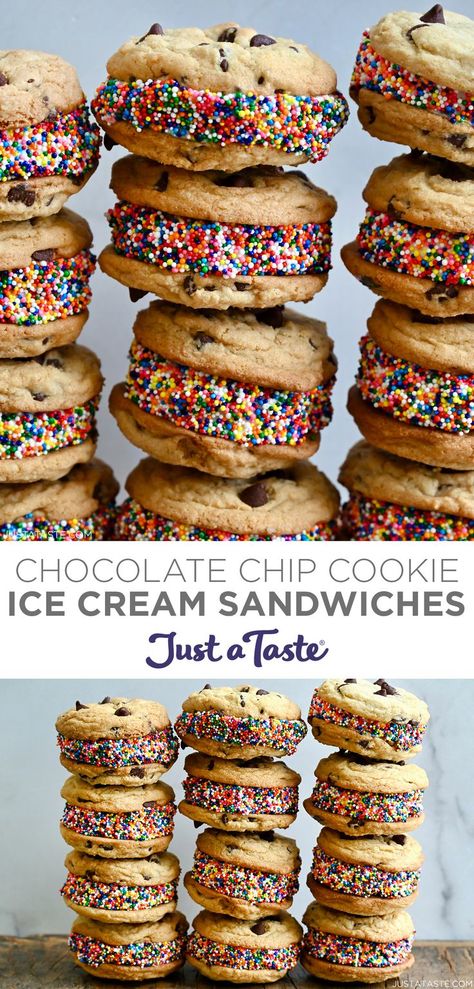 Two images show three rows of chocolate chip cookie ice cream sandwiches stacked four high. Ice Cream Cookie Sandwich Recipe, Soft Chewy Chocolate Chip Cookies, Cookie Ice Cream Sandwiches, Cream Filled Cookies, Frozen Treats Recipes, Cookie Ice Cream, Homemade Cookie, Ice Cream Flavor, Dessert Recipes For Kids