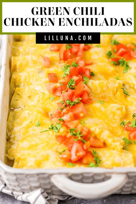 This chicken enchilada recipe is bursting with flavor and perfect for busy nights. Plus, it's freezer-friendly! #enchiladas #enchiladarecipe #chickenenchiladas #enchiladas #chicken Chili Chicken Enchiladas, Green Chili Chicken Enchiladas, Chili Enchiladas, Enchiladas Chicken, Green Chili Enchiladas, Green Chicken Enchiladas, Easy Chicken Enchilada Recipe, Green Chili Chicken, Easy Enchiladas