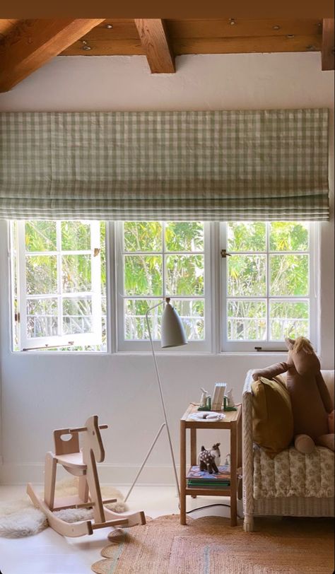 Gingham Curtains Nursery, Gingham Curtains Bedroom, Venice Bedroom, Gingham Nursery, Play Loft, Gingham Curtains, Cottage Renovation, Cottage Living Rooms, Home Curtains