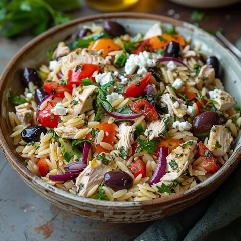 Greek Chicken Orzo Salad Recipe: Fresh, Flavorful, and Healthy! Greek Chicken Orzo Salad, Greek Chicken Orzo, Chicken Orzo Salad, Creative Cookery, Orzo Salad Recipes, Greek Chicken Salad, Vegan Feta Cheese, Chicken Fresh, How To Cook Orzo