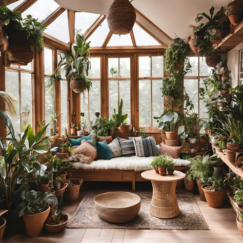 This boho sunroom is a lush retreat, enveloped in greenery with plants cascading from every corner. A cozy lounging space invites you to relax and enjoy a cup of tea while tending to your plant collection. The space combines bohemian charm with a serene atmosphere, creating a perfect nook for plant care and peaceful moments. Sunroom Plant Room, Indoor Plant Room Sunroom, Reading Plant Room, Sunroom With Plants Ideas, Solarium Room Bohemian, Sunroom Reading Nook, Boho Conservatory, Plants Sunroom, Sunroom With Plants