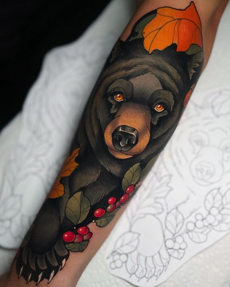 Neo Traditional Buffalo Tattoo, Neo Traditional Forest Tattoo, Neotraditional Back Tattoo, Neotraditional Animal Tattoo, Neotraditional Bear, Tattoo Sleeve American Traditional, Traditional Sleeve Tattoo, Traditional Bear Tattoo, Black Bear Tattoo