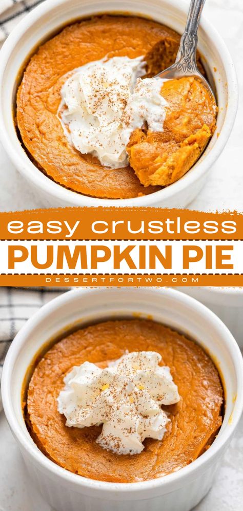 Everyone will love this pumpkin pie recipe listed on your easy Thanksgiving sweet treats! This crustless pumpkin pie is so easy to make and tastes exactly the same without the crust! One of the best pumpkin foo ideas ever! Pumpkin Mug Pie, Dessert Recipes In Ramekins, Pumpkin Dessert For One, Easy Ramiken Desserts, Pumpkin Pie For 2, Desserts For Ramekins, Pumpkin Pie In Ramekins, Ramekin Pumpkin Pie, Mini Ramiken Recipes