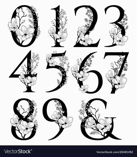 Fancy Numbers, Floral Numbers, Number Tattoo Fonts, Numbers Typography, Number Tattoos, Floral Font, Number Art, Hand Drawn Floral, Tattoo Lettering Fonts