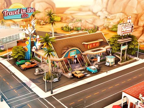 Hop on the time machine to visit this 50s-inspired bowling alley in Googie architecture! There's also a bar that offer a great deals of drinks.🍷 Googie Architecture, Free Sims 4, The Time Machine, Bowling Alley, Sims 4 Build, Time Machine, The Sims4, A Bar, Bowling