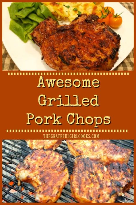 Awesome Grilled Pork Chops are easy, flavorful & juicy! They're brined in salt/water/sugar overnight, and coated with spices before grilling. via @gratefuljb 3 Ingredient Marinade, Pork Chops Grilled, Calico Baked Beans, Homeschool Meals, Pork Chops Bone In, Pork Chop Recipes Grilled, Bone In Pork Chops, Marinated Pork Chops, Grilled Foods