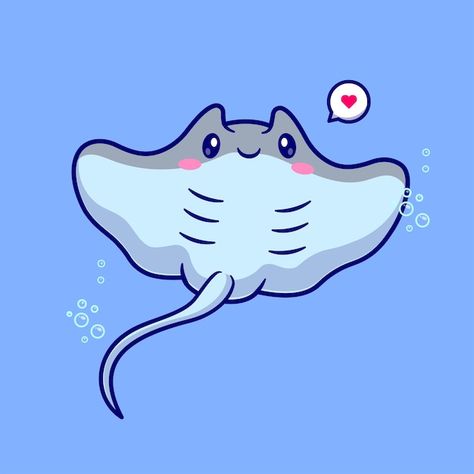 Stingray Cute Drawing, Stingray Painting Easy, Stingray Illustration, Cute Stingray, Swimming Cartoon, Kawaii Fish, Easy Drawing Step By Step, Stingray Fish, Drawings For Beginners