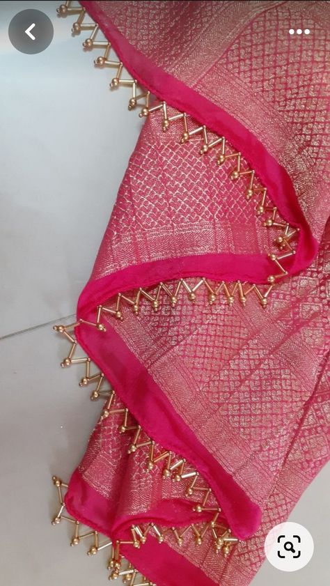 Saree Borders Ideas, Saree End Tassels, Fabric Tassels For Saree Pallu, Latkan For Saree Pallu, Kuchhu Work, Gonde For Saree, Pallu Tassels Designs, Tassels For Saree Pallu Latest, Saree Latkan Design