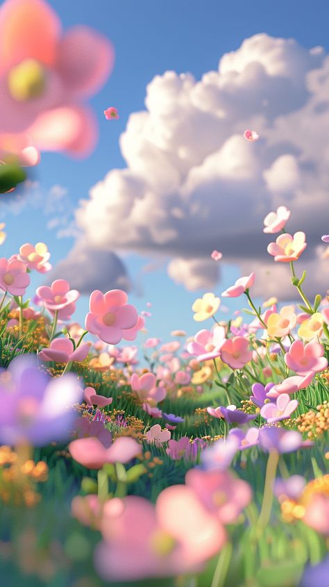 3D rendering in a cartoon style using a clay material, of a cute and colorful spring flower landscape background with grass on the ground . Clouds are floating above in a pastel colored scene with soft lighting. The rendering was done with blender and C4d using an OC renderer at high detail and 8K resolution. --ar 9:16 Cute 3d Backgrounds, 3d Art Landscape, Blender 3d Landscape, Spring 3d Art, 3d Scene Design, Background 3d 3d Wallpaper, Cartoon Art Background, Light Color Wallpaper, Blender Landscape